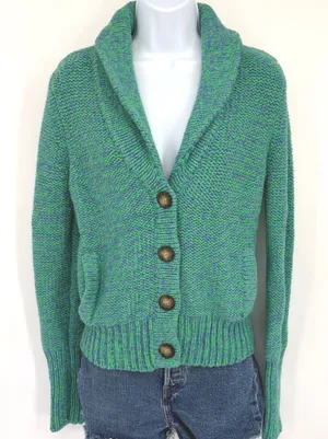 American Eagle Chunky Knit Shawl Collar Cardigan Sweater LG Green Blue‎ Pockets thumbnail 1