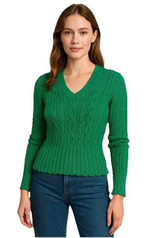 VTG Leslie Fay Sweater Size 10 Green Crochet V Neck Pointelle thumbnail 1