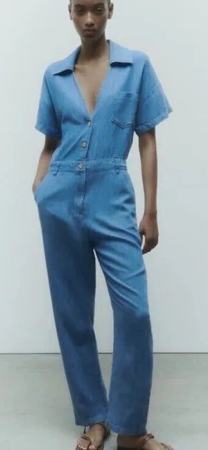 Zara Women’s Blue Denim Cotton‎ Linen Blend Jumpsuit Size Medium thumbnail 1