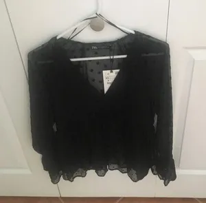 ZARA Blouse Sheer Black,black dots,long bell sleeves w/lace trim, v neck,empire waist thumbnail 1