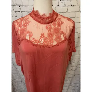 Haute Hippie coral-colored short-sleeve top featuring a sheer lace yoke XL thumbnail 2