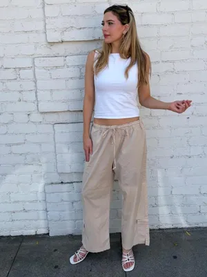 Vtg beige wide leg capri cargo pant drawstring waist sz XL thumbnail 2