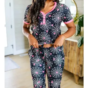 Shirley & Stone Womens Halloween Spider‎ Web Henley Pajama Set Pink Black Medium thumbnail 4