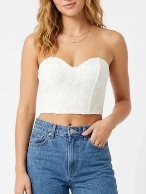 Off White Lace Bustier Crop Top Sweetheart Zip Back Size M thumbnail 1