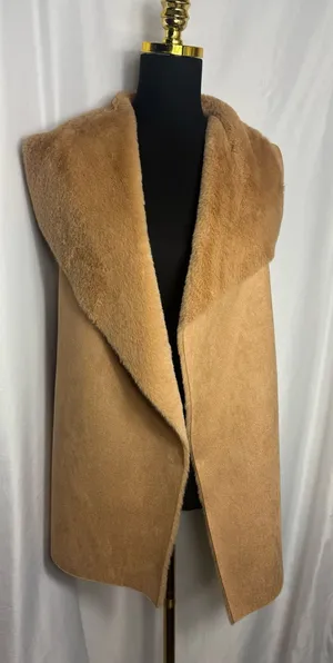 Twelfth Love Sherpa Coat Med Camel Faux Suede Cozy vest Open Front Cardigan thumbnail 1
