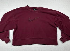 Nike Women’s Cropped Crewneck Sweatshirt Burgundy Logo Fleece Size Small thumbnail 1