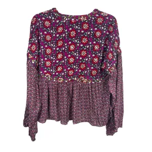 Free People Boho Floral Peasant Top M Purple Red Tie Up Studded Beaded Rayon thumbnail 2