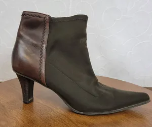 Circa Joan David Ankle Womens Boots 9.5 Brown Leather Black Fabric Kitten Heels thumbnail 1