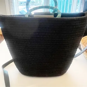 Elizabeth and James Drawstring Black Bucket Bag Purse With Beaded‎ Round Handles thumbnail 6