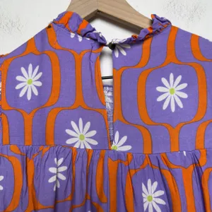 Bucket List Women Top Small‎ Purple Orange Retro Floral Smocked 70s Groovy Mod thumbnail 7