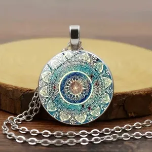 Mandala flower time gemstone necklace, bracelet‎ & earrings set, glass pendant thumbnail 4
