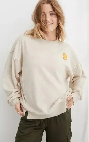 Aerie The Chill Cozy‎ Crew Sweatshirt Women XS Cream Smiley Face Distressed thumbnail 1