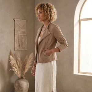 🔴RolyPoly Boho Textured Moto Jacket - Minimalist Sand Quilted Detail Size M thumbnail 2