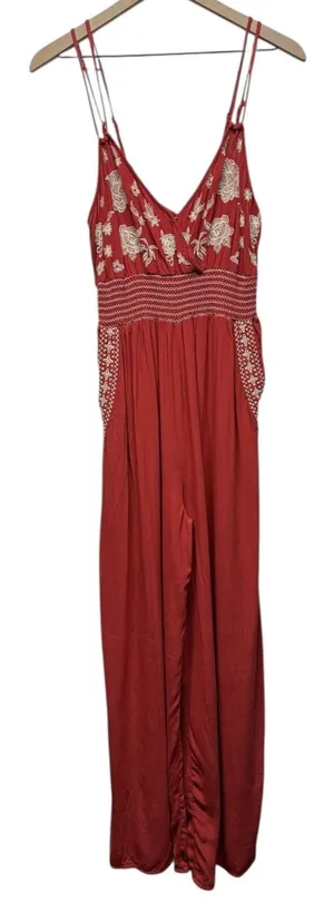 American‎ Eagle Wide Leg Jumpsuit M Sleeveless Boho Floral Embroidered Smock Red thumbnail 1
