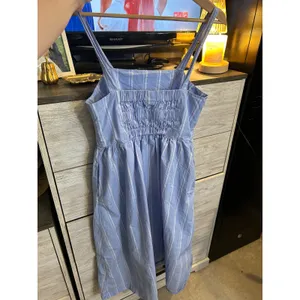 A New Day Blue White Striped Midi Dress Sleeveless Smocked Back Pockets XS thumbnail 5
