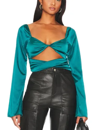 Revolve Teal Satin Crop Top SMALL Going Out Club Pirate Cut Out More to Come NEW thumbnail 1