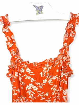 LULUS Women’s Garden Date Red Orange Floral Print Ruffle Midi Dress size XXS thumbnail 12