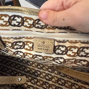 Gucci Beige GG Canvas Shoulder Bag with Gold Metallic Trim thumbnail 7