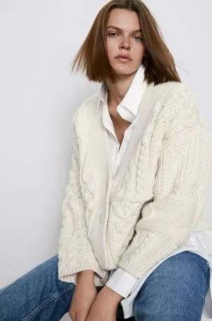 Zara Wool Blend Chunky Cream Button Down Oversized Cozy Cardigan Women's‎ Medium thumbnail 1