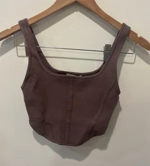 BABATON Brown Ribbed Corset Style Crop‎ Top Tank Size S thumbnail 1
