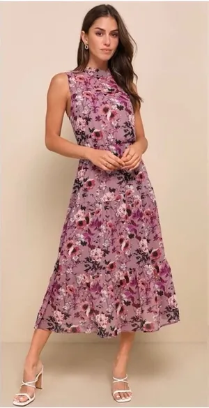Lulus NWT Cottagecore Purple Floral Midi Dress Sleeveless Chiffon M Romantic thumbnail 1