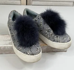 SAM EDELMAN Women's "Leya" Pom Pom Slip On Blue Floral Canvas Sneakers-8 thumbnail 1