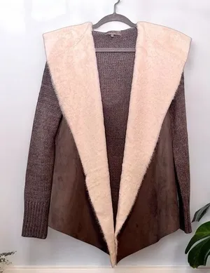 Sweater. Hooded. Faux Fur/Suede. Grey &White. Open Cardigan. thumbnail 1
