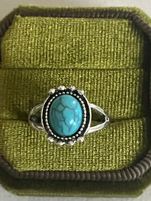 Vintage/Boho Design Blue Turquoise Stainless Steel Silver Statement Ring Size 6 thumbnail 1