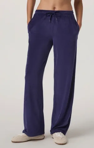 Vuori Womens Wide Leg Corduroy Velour Pants Indigo Blue Drawstring Lounge Large thumbnail 1