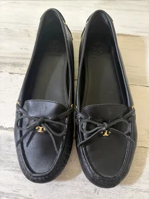 Tory Burch Black Leather Bow-Trim Driving Loafers with Gold Logo thumbnail 1