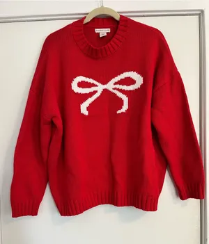 Sincerely Jules Red Crewneck Sweater with White Bow Christmas holiday valentine thumbnail 1