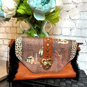 Beautiful Clutch Crossbody Handbag Turn Lock Fur Trim thumbnail 5