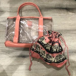 Anna Sui Clear Tote Bag Purse with Inside Drawstring Pouch Lining Pink thumbnail 6