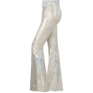 NWOT Silver Holographic Sequin High Rise Flare Bell Bottom Pants Small thumbnail 2