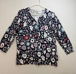 LOFT Navy Floral Button-Front Cardigan with Pink, Teal and White Blooms thumbnail 1