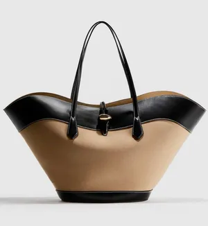 H&M NWT Large oversized Beige Black Structured canvas Tote Bag gold button thumbnail 1