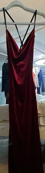NEW Red Wine Spaghetti Strap Velvet Open back Maxi Dress XS thumbnail 1