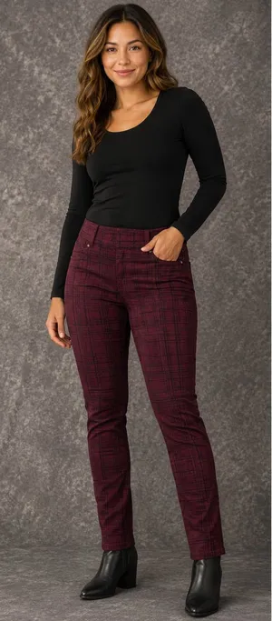 Liverpool Reagan Printed Skinny Burgundy Plaid Pants Size 6/28 thumbnail 1