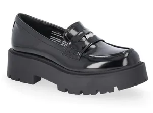 Madden NYC Platform Lug Sole Penny Loafers in shiny black patent finish. thumbnail 1