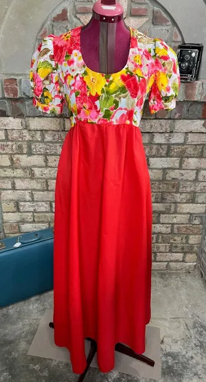 maxi Dress empire waist puff sleeve floral red yellow green 1970s thumbnail 1