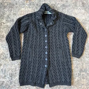 Aran Crafts Ireland 100% Merino Wool Cable Knit Button Cardigan Gray Large thumbnail 1