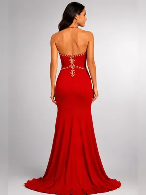 Alyce Paris Red Halter Maxi Dress Size 2 Beaded Keyhole High Slit NWT thumbnail 2