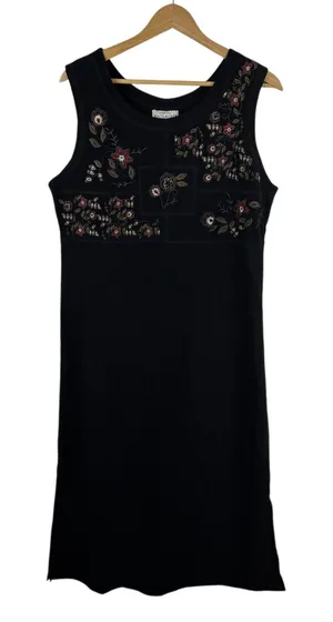 White Stag VTG Black Sleeveless Floral Embroidered Midi Jumper Dress Medium Boho thumbnail 1