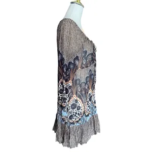 Boho Mixed Paisley Floral Print Ruffle Hem Tunic Top Black Blue Tan Tie Neck‎ thumbnail 5