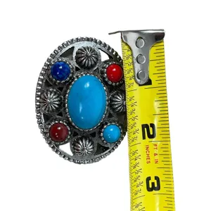 VTG Southwest Look Silver Toned Faux Turquoise Coral Red Blue Stoned Brooch Pin thumbnail 4
