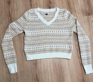 American‎ Eagle Fair Isle Cropped Sweater Tan Cream V-Neck Knit Size Medium thumbnail 1