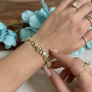 14K Gold Plated XP Women Bracelet Teddy Bear Flower Link Cubic Zirconia thumbnail 1