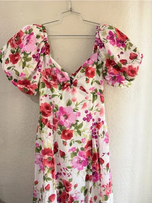 Abercrombie & Fitch Drama Puff Sleeve Maxi Dress in a vibrant red & pink floral thumbnail 9