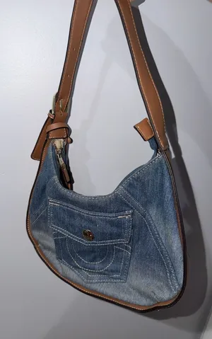True religion denim Leather hobo bag purse shoulder bag pocket Logo hangtag M thumbnail 1