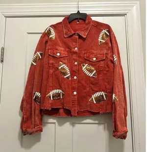 J. Lee Women’s Red Size XL Sequin football Game Day corduroy Fringe Jacket Coat thumbnail 2